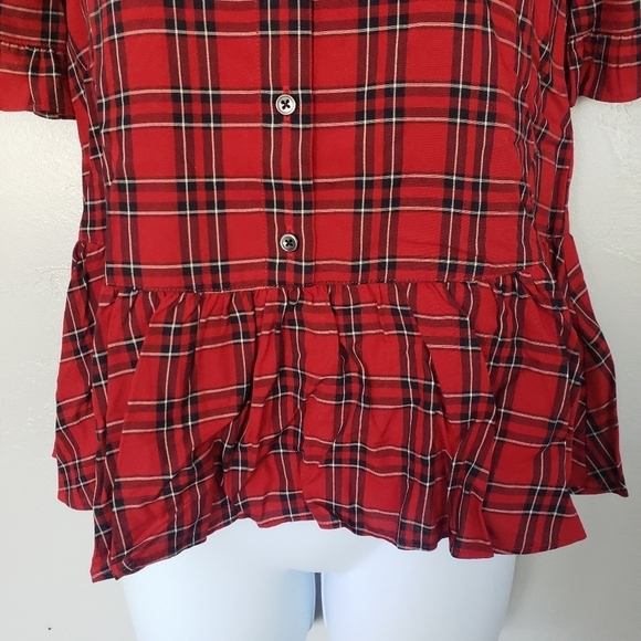 Madewell Red Black Plaid Short Sleeve Peplum Top - Picture 3 of 7